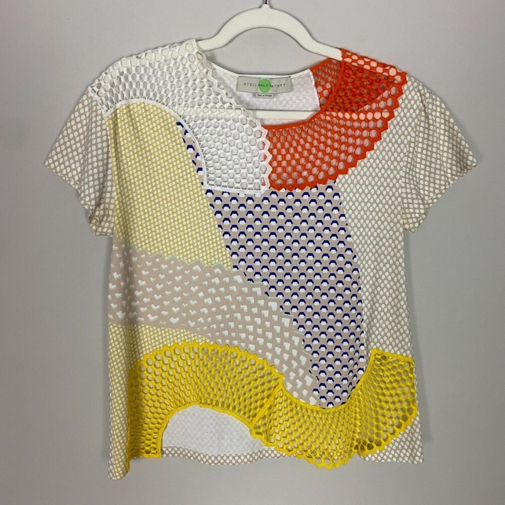 Stella McCartney Multicolor Mesh Short Sleeve Top (White, Yellow, Orange, Blue)